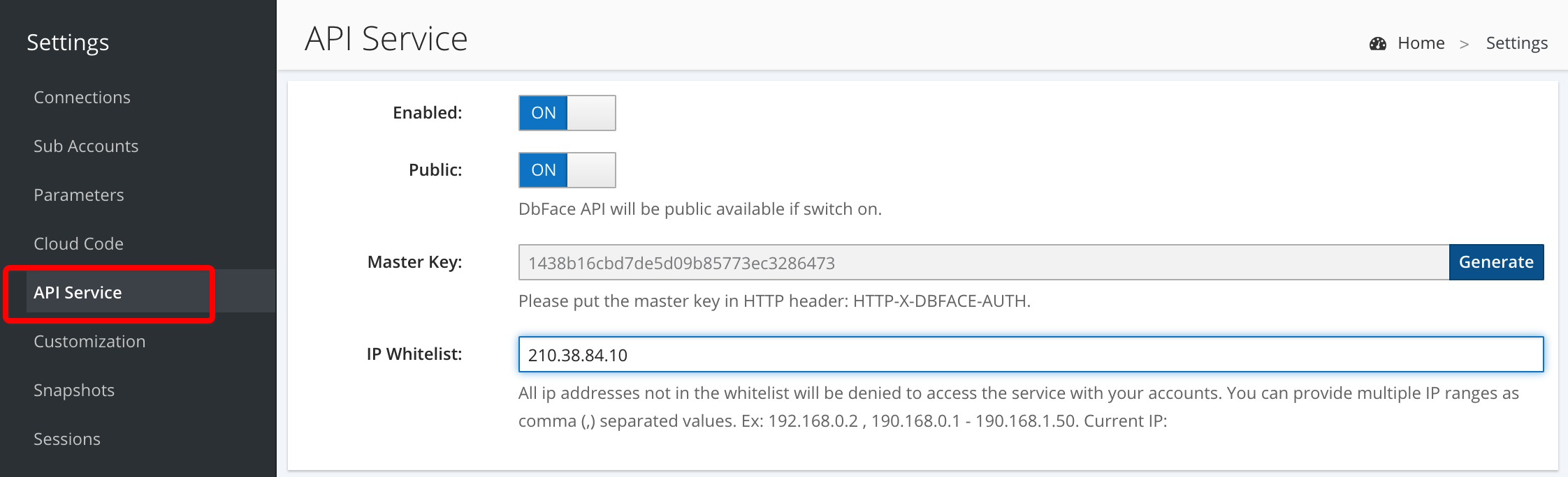 DbFace API Access Settings